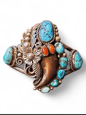 ✨️Signed Navajo Sterling Silver Turquoise Red Coral Bear Claw Cuff Bracelte!